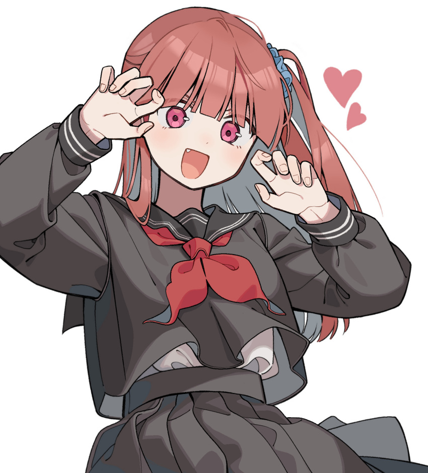 1girl black_serafuku black_shirt blunt_bangs claw_pose commentary fang fingernails hair_ornament hair_scrunchie hands_up heart highres korean_commentary long_hair looking_at_viewer nana_0253 neckerchief nire_hikari one_side_up open_mouth pink_eyes pleated_skirt red_neckerchief redhead school_uniform scrunchie serafuku shirt shirt_tucked_in simple_background skirt straight_hair undershirt upper_body upshirt white_background world_trigger
