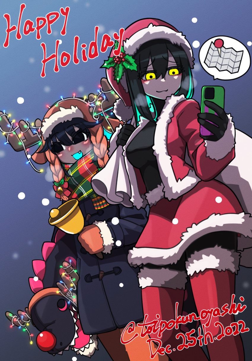2girls :3 antlers artist_name bell black_coat black_gloves black_hair blue_background blue_hair blue_tongue breath christmas christmas_lights closed_mouth coat colored_inner_hair colored_tongue dated fang fur-trimmed_headwear fur-trimmed_jacket fur-trimmed_skirt fur-trimmed_thighhighs fur_trim gloves glowing glowing_hair glowing_mouth hair_between_eyes hat highres holding holding_bell holding_phone holding_sack holding_stuffed_toy holly holly_hat_ornament jacket long_sleeves looking_at_phone looking_down map medium_hair multicolored_hair multiple_girls open_mouth orange_pants original over_shoulder pants phone red_jacket red_nose red_skirt red_thighhighs reindeer_antlers sack santa_hat short_hair simple_background skirt snowing solo spoken_object standing stuffed_animal stuffed_dragon stuffed_toy thigh-highs toipokun_oyashi twitter_username upper_body walking yellow_eyes