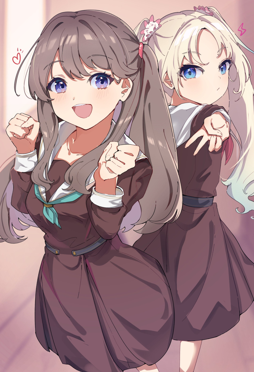2girls :d absurdres back-to-back blonde_hair blue_eyes blush brown_dress brown_hair clenched_hands closed_mouth dot_nose double-parted_bangs dress feet_out_of_frame forehead fujishima_megumi gyaru_v hands_up heart highres lightning_bolt_symbol link!_like!_love_live! long_bangs long_hair long_sleeves love_live! multiple_girls one_side_up ooho0216 open_mouth osawa_rurino raised_eyebrows sailor_collar sailor_dress school_uniform sidelocks smile teeth upper_teeth_only v violet_eyes white_sailor_collar