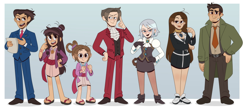 3boys 4girls absurdres ace_attorney ascot bandaid bandaid_on_face black_gloves blue_suit brown_footwear brown_hair brown_pants coat dick_gumshoe earrings franziska_von_karma full_body geta gloves green_coat hair_rings hanten_(clothes) highres jacket japanese_clothes jewelry kimono long_hair long_sleeves magatama maya_fey mia_fey miles_edgeworth mole mole_under_mouth multiple_boys multiple_girls necklace necktie obi official_style pants pantyhose paula_peroff pearl_fey pencil_behind_ear phoenix_wright pink_kimono red_jacket red_necktie red_pants red_sash sash scarf short_hair short_kimono sidelocks skirt skirt_suit spiky_hair standing suit the_ghost_and_molly_mcgee toon_(style) whip white_footwear white_hair yellow_scarf