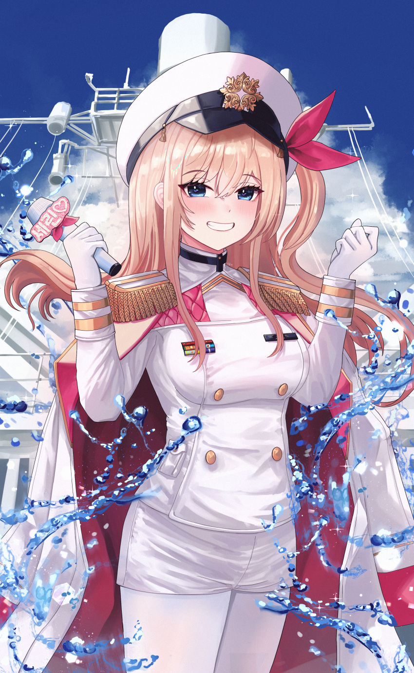 1girl absurdres blonde_hair blue_eyes blush breasts buttons coat cowboy_shot double-breasted epaulettes gloves gmg grin hands_up hat highres large_breasts long_hair long_sleeves microphone military_hat military_jacket military_uniform naval_uniform open_clothes open_coat original pantyhose peaked_cap short_shorts shorts sky smile solo thigh-highs uniform water white_gloves white_pantyhose white_thighhighs