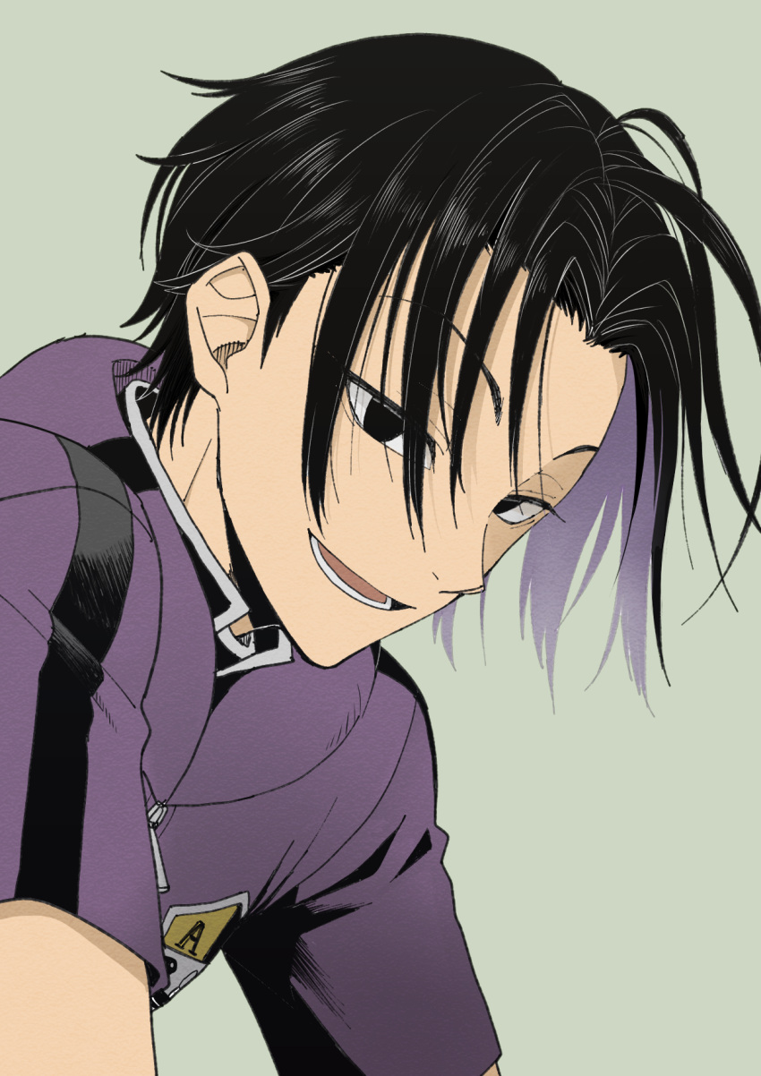 1boy alternate_hairstyle black_hair colored_inner_hair from_side grey_background hair_over_eyes highres hood hood_down jacket leaning_forward looking_at_viewer male_focus miwa_squad's_uniform multicolored_hair parted_bangs purple_hair purple_jacket purple_theme shishou_(xxsisyou) short_hair short_sleeves simple_background smile solo two-tone_hair uniform upper_body world_trigger yoneya_yousuke zipper_pull_tab
