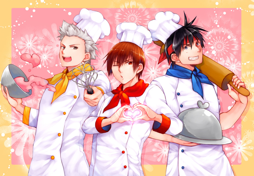 2020 3boys :d absurdres black_hair blue_eyes blue_neckerchief brown_hair buttons chef chef_hat commentary cowboy_shot dated_commentary floral_print framed grey_eyes grey_hair grin hand_up hat heart heart_hands highres holding holding_cooking_pot holding_tray holding_whisk inohara_masato little_busters! looking_at_viewer miyazawa_kengo multiple_boys natsume_kyousuke neckerchief nose one_eye_closed open_mouth orange_neckerchief pink_background puckered_lips rakka red_eyes red_neckerchief rolling_pin short_hair smile spiky_hair standing straight-on straight_hair tray v-shaped_eyebrows whisk white_headwear