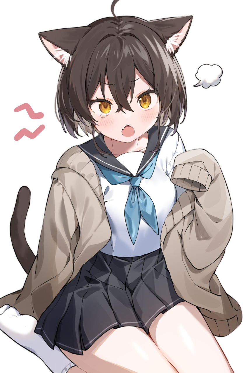 1girl absurdres angry animal_ears black_skirt brown_hair cardigan cat_ears cat_girl cat_tail chestnut_mouth fang highres inu_(puputizy) long_sleeves looking_at_viewer miniskirt off_shoulder open_cardigan open_clothes original oversized_clothes pleated_skirt school_uniform serafuku shirt short_hair sitting skin_fang skirt sleeves_past_fingers sleeves_past_wrists socks tail tears white_shirt white_socks yellow_eyes