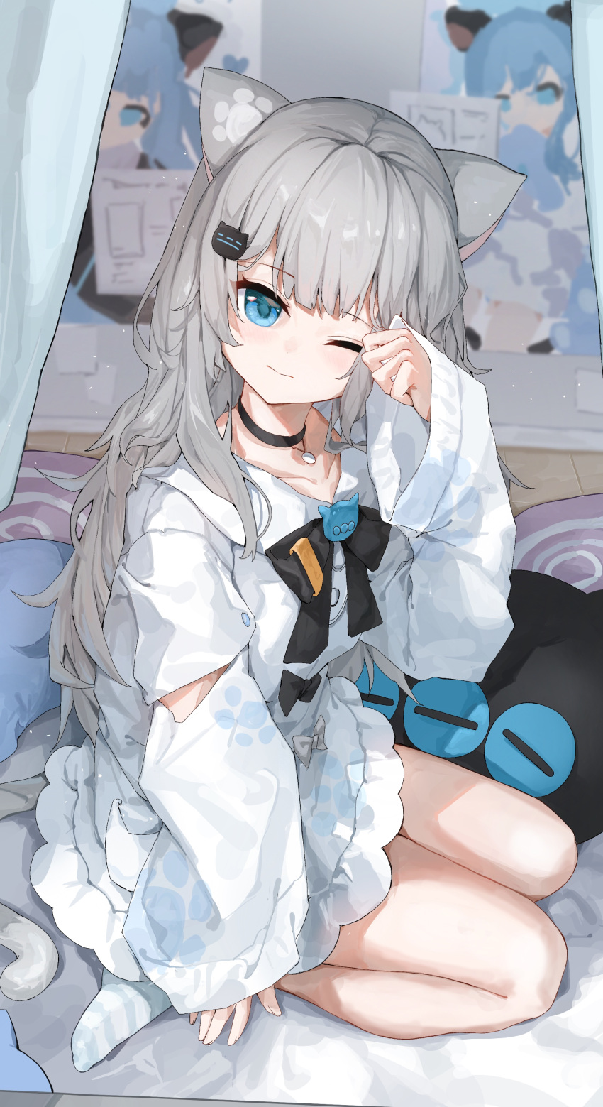 1girl absurdres animal_ears black_choker black_ribbon blue_eyes bow cat_ears choker closed_mouth collarbone commentary_request dress grey_bow grey_hair hair_ornament highres indie_virtual_youtuber indoors kneeling long_hair long_sleeves looking_at_viewer nachoneko no_shoes one_eye_closed ribbon sentter sitting socks solo striped striped_socks thighs virtual_youtuber waking_up white_dress wide_sleeves