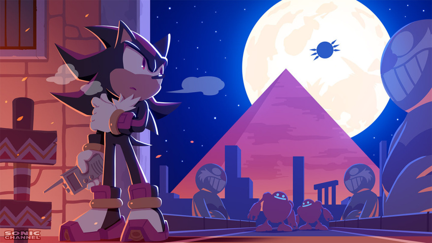 black_fur breath commentary_request egg_pawn gloves holding_walkie-talkie male_focus moon night night_sky official_art pyramid_(structure) red_eyes robot shadow_the_hedgehog sky sonic_(series) sonic_adventure_2 space_colony_ark star_(sky) statue uno_yuuji walkie-talkie white_fur white_gloves