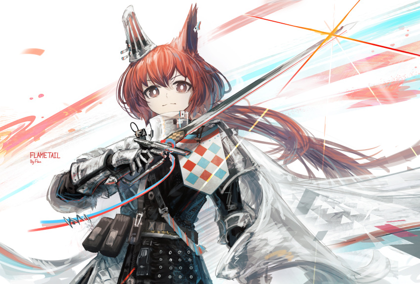 1girl absurdres animal_ears arknights armor artist_name black_shirt bright_pupils brown_eyes character_name ear_covers ear_tag flametail_(arknights) franlol gauntlets glint highres holding holding_sword holding_weapon long_hair looking_at_viewer redhead shirt simple_background solo squirrel_ears squirrel_girl sword upper_body v-shaped_eyebrows weapon white_background white_pupils