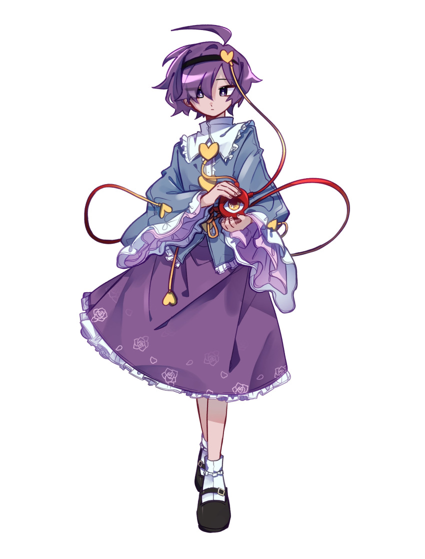 1girl absurdres ahoge black_footwear black_hairband closed_mouth commentary_request commission expressionless frilled_skirt frilled_sleeves frills full_body hairband heart highres holding jin-dam komeiji_satori korean_commentary long_sleeves looking_at_viewer mary_janes purple_hair purple_skirt shirt shoes short_hair simple_background skirt socks solo tachi-e third_eye touhou violet_eyes white_background white_shirt white_socks wide_sleeves