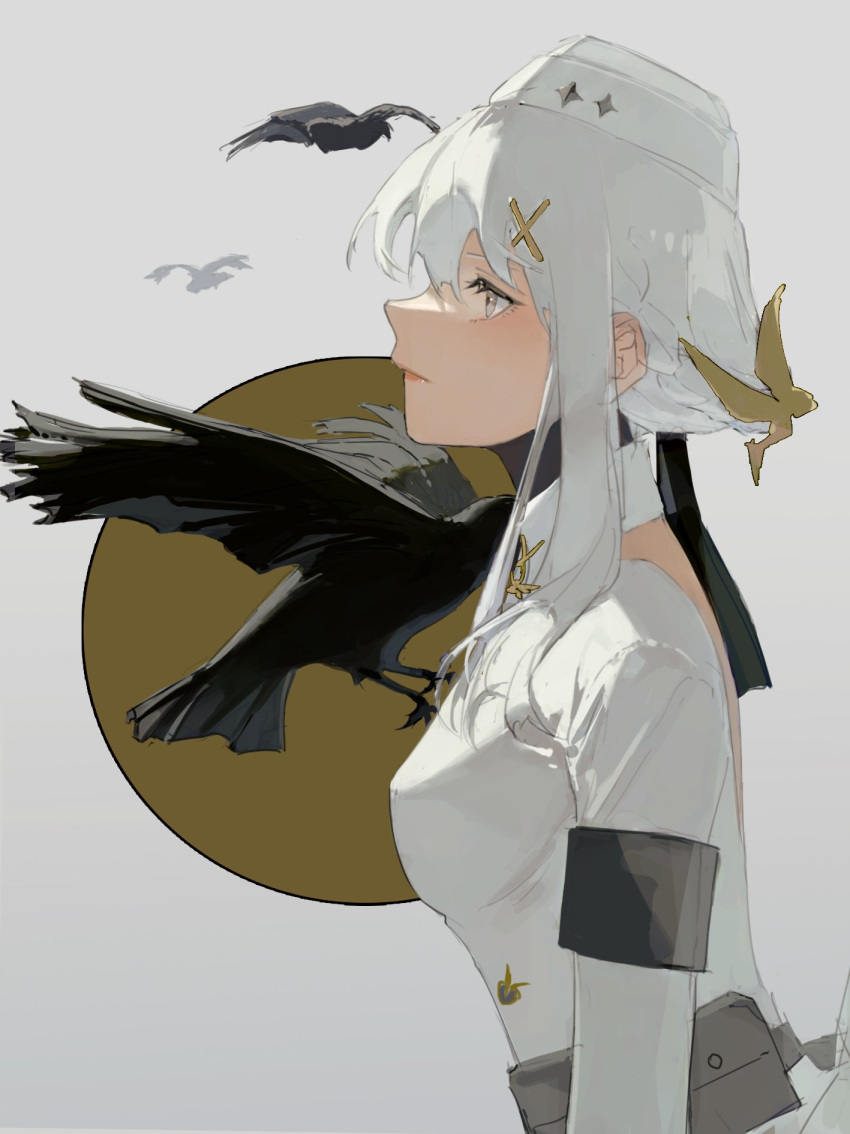 1girl animal_on_shoulder backless_jacket bird bird_on_shoulder black_bird breasts closed_mouth collared_jacket crow from_side garrison_cap grey_hair hair_ornament hat highres jacket liv:_empyrea_(punishing:_gray_raven) liv_(punishing:_gray_raven) long_sleeves mayotta7 military_hat military_jacket military_uniform punishing:_gray_raven short_hair_with_long_locks small_breasts solo uniform upper_body white_hair white_headwear white_jacket x_hair_ornament