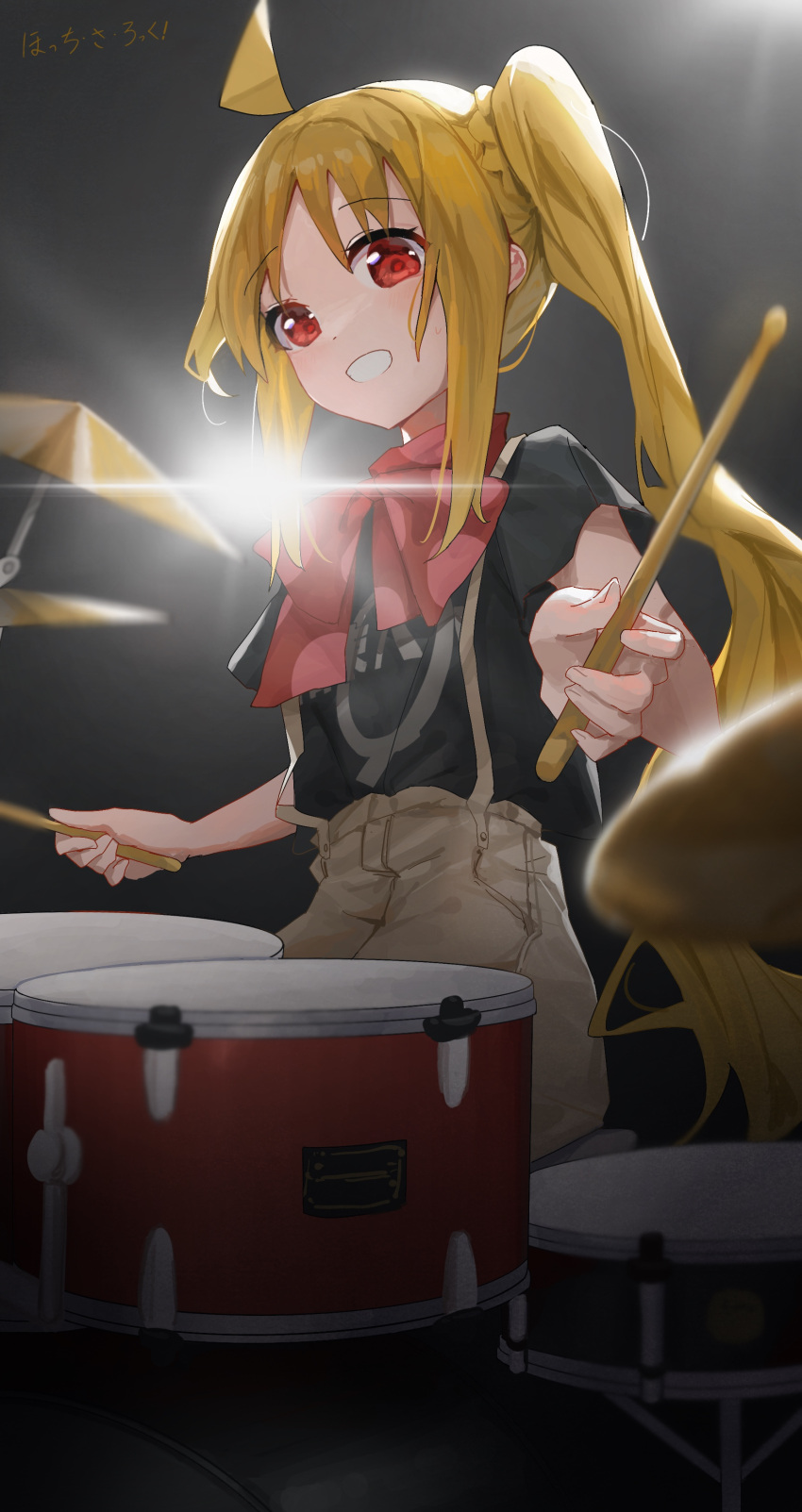 1girl absurdres ahoge backlighting black_shirt blonde_hair bocchi_the_rock! bow bowtie brown_shorts commentary_request copyright_name drum drum_set drumsticks facing_viewer highres holding holding_drumsticks ijichi_nijika instrument kessoku_band_t-shirt large_bow long_hair looking_ahead music open_mouth playing_instrument polka_dot polka_dot_bow red_bow red_bowtie red_eyes sentter shirt shirt_tucked_in short_sleeves shorts side_ponytail sidelocks sitting smile solo upper_body