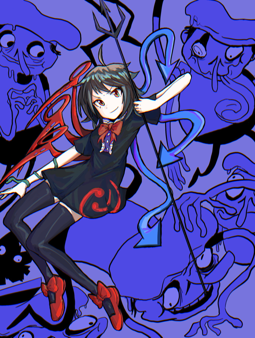 1girl 5boys ahoge asymmetrical_wings black_dress black_hair black_thighhighs blue_wings bow bowtie breasts chef_hat chromatic_aberration clone commentary dress facial_hair fake_peppino footwear_bow full_body hat highres holding holding_trident houjuu_nue index_fingers_together long_arms long_nose long_tongue looking_at_viewer medium_breasts melting multiple_boys mustache open_mouth pizza_tower polearm purple_background red_bow red_bowtie red_eyes red_footwear red_wings shirt shoes short_hair short_sleeves smile snake solo_focus stunionjy teeth thigh-highs tongue touhou trident v-shaped_eyebrows weapon wings zettai_ryouiki