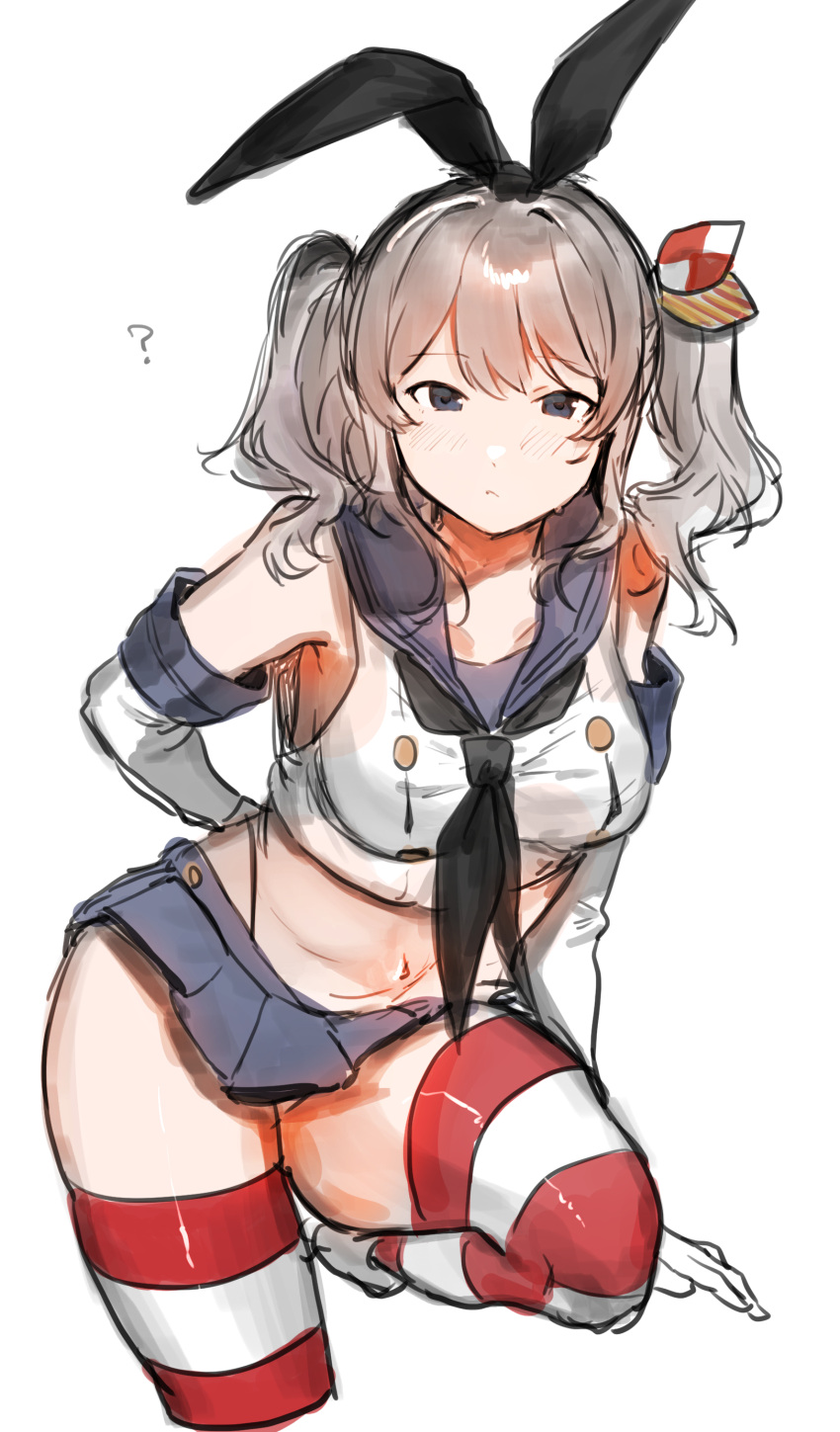 1girl absurdres animal_ears black_neckerchief black_panties blue_eyes blue_sailor_collar breasts cosplay elbow_gloves gloves grey_hair highres kantai_collection kashima_(kancolle) large_breasts looking_at_viewer navel neckerchief panties rabbit_ears sailor_collar school_uniform serafuku shimakaze_(kancolle) shimakaze_(kancolle)_(cosplay) shishamo_(domado) simple_background socks solo string_panties striped striped_socks two_side_up underwear white_background white_gloves white_serafuku