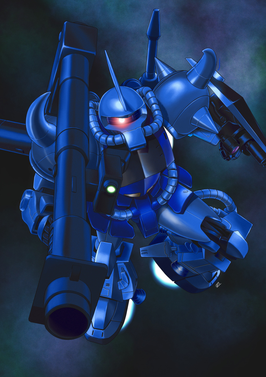 absurdres bazooka_(gundam) flying full_body glowing glowing_eye gouf gundam highres holding holding_rocket_launcher holding_weapon looking_at_viewer mecha mobile_suit_gundam no_humans one-eyed primate_nemesis robot rocket_launcher shield space weapon zeon