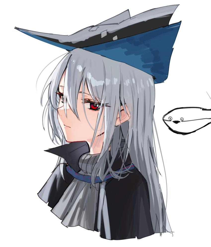 1girl :| arknights arms_at_sides black_headwear black_jacket closed_mouth collared_jacket cropped_torso expressionless fish from_side grey_hair grey_shirt hair_between_eyes highres horn/wood jacket long_hair looking_at_viewer open_clothes open_jacket pointy_hat red_eyes sacabambaspis shirt sidelocks skadi_(arknights) solo straight_hair turtleneck