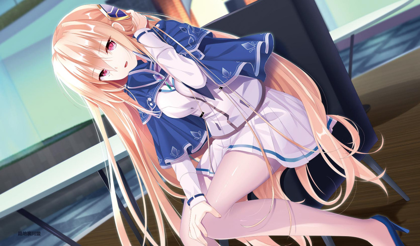 1girl adjusting_hair blonde_hair blue_capelet blue_footwear blue_ribbon blurry blurry_background breasts capelet circle_name comiket_102 commentary_request dutch_angle eyelashes eyes_visible_through_hair hair_between_eyes hair_spread_out hand_on_own_knee hand_up heaven_burns_red high_heels highres indoors jacket knees_together_feet_apart large_breasts leaning_forward long_hair long_sleeves looking_at_viewer miniskirt on_chair open_mouth otou_(otou_san) pantyhose pink_eyes pleated_skirt ribbon ribbon-trimmed_sleeves ribbon_trim second-party_source sitting skirt smile solo straight_hair toujou_tsukasa very_long_hair white_jacket white_pantyhose white_skirt