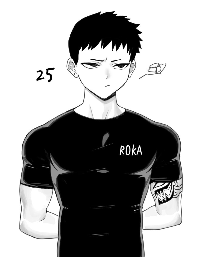1boy arms_behind_back black_hair black_shirt character_age expressionless greyscale highres monochrome original shadow shirt short_hair short_sleeves simple_background solo tattoo taut_clothes taut_shirt upper_body vulcan_(ejel2000) white_background
