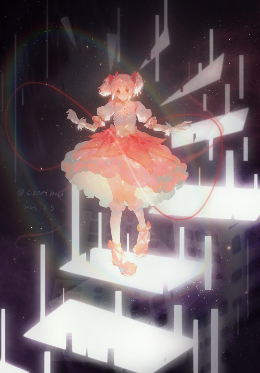 1girl absurdres bow bubble_skirt choker collarbone czorimu dated dress dress_bow footwear_bow frilled_dress frilled_skirt frilled_sleeves frilled_socks frills full_body gloves glowing hair_bow highres kaname_madoka knees_together_feet_apart looking_at_viewer magical_girl mahou_shoujo_madoka_magica mahou_shoujo_madoka_magica_(anime) pink_dress pink_eyes pink_hair pink_skirt puffy_short_sleeves puffy_sleeves rainbow red_choker red_footwear shoes short_hair short_sleeves short_twintails signature skirt smile socks solo stairs string string_of_fate twintails twitter_username walking white_gloves white_socks