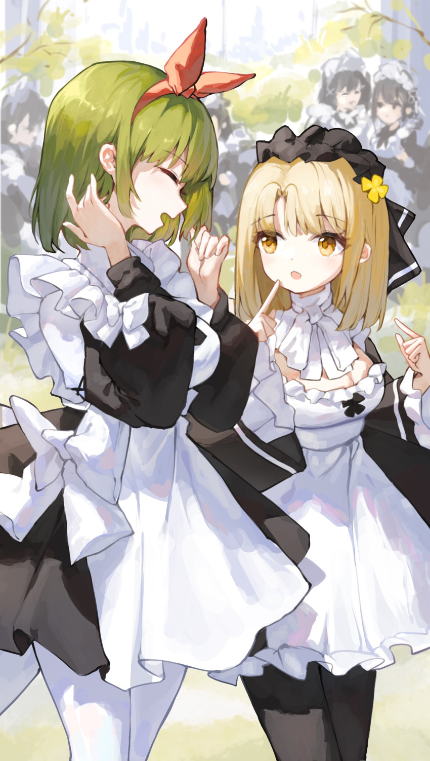 6+girls absurdres apron black_dress black_pantyhose blonde_hair breasts closed_eyes commentary cowboy_shot dress flower frilled_dress frills grey_hair hair_flower hair_ornament hands_up highres long_sleeves looking_at_another maid maid_apron medium_breasts multiple_girls open_mouth original pantyhose pointing pointing_at_self red_ribbon ribbon sentter smile standing symbol-only_commentary white_apron white_pantyhose yellow_eyes yellow_flower