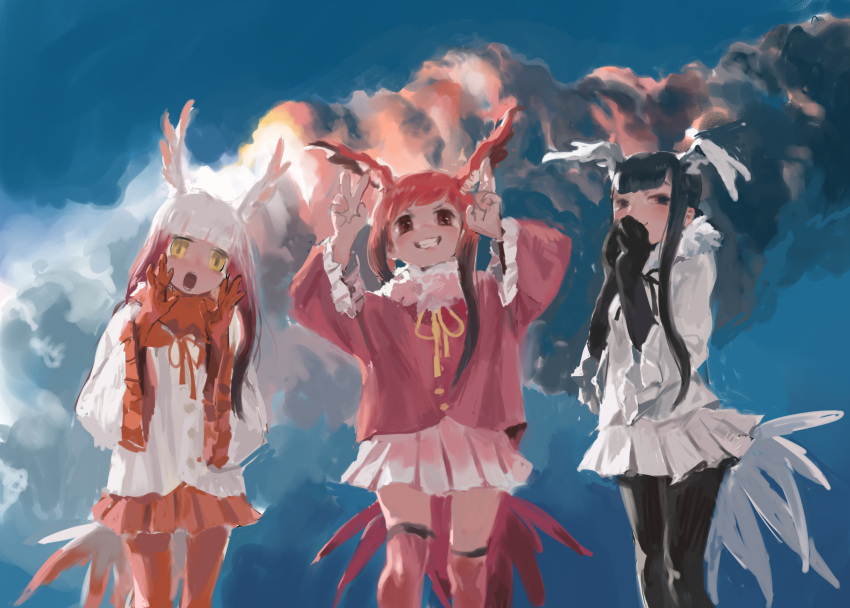 3girls arms_up backlighting bird_girl bird_tail bird_wings black-headed_ibis_(kemono_friends) black_hair black_pantyhose blouse blunt_bangs closed_mouth clouds covering_mouth day empty_eyes feet_out_of_frame frilled_sleeves frills fur_collar grin hand_to_own_mouth hands_up head_wings highres japanese_crested_ibis_(kemono_friends) kemono_friends legs_apart long_hair long_sleeves looking_at_viewer miniskirt multicolored_hair multiple_girls neck_ribbon open_mouth outdoors over-kneehighs pantyhose pero_(sabuaka_bacon) pleated_skirt red_eyes red_pantyhose redhead ribbon scarlet_ibis_(kemono_friends) shirt skirt sky smile standing standing_on_one_leg tail thigh-highs two-tone_hair white_hair wide_sleeves wings yellow_eyes