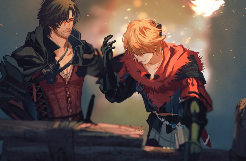 2boys black_cloak black_gloves black_hair blonde_hair blurry blurry_background blurry_foreground brothers clive_rosfield cloak closed_eyes en_(enxxx) facial_hair final_fantasy final_fantasy_xvi gloves hair_between_eyes hand_in_another's_hair joshua_rosfield laughing leaning_forward long_sleeves male_focus messy_hair multiple_boys neckerchief parted_lips red_neckerchief red_vest short_hair siblings smile stubble upper_body vest