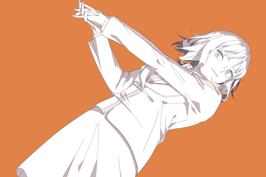 1girl cowboy_shot dutch_angle from_below headphones jacket ksnnw_k long_sleeves monochrome orange_background outstretched_arms parted_lips pencil_skirt short_hair simple_background skirt solo suwa_squad's_uniform ui_madoka uniform world_trigger