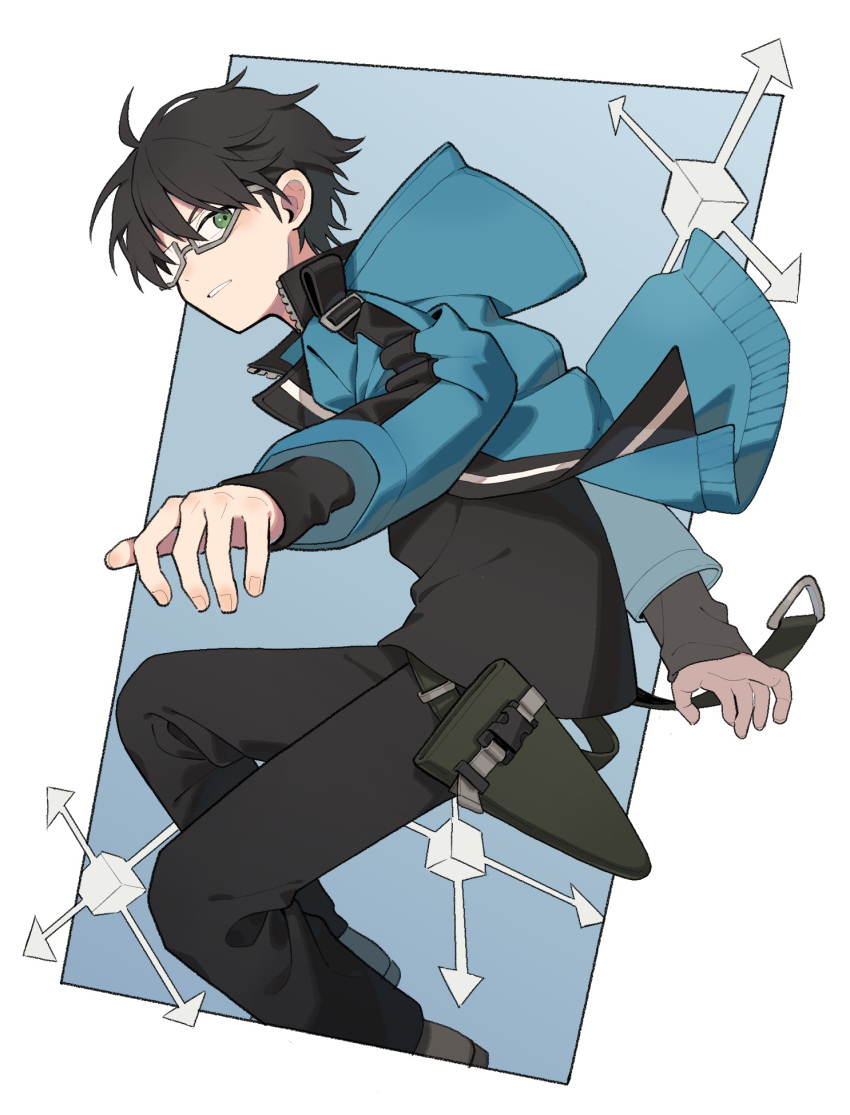 1boy adapted_costume arrow_(symbol) belt black_hair black_pants black_shirt blue_background blue_jacket border cube glasses green_eyes highres hood hood_down hooded_jacket jacket jumping korean_commentary long_sleeves looking_at_viewer looking_to_the_side male_focus mikumo_osamu mikumo_squad's_uniform nana_0253 opaque_glasses open_clothes open_jacket outside_border outstretched_arm pants partially_opaque_glasses semi-rimless_eyewear shirt shoes short_hair solo under-rim_eyewear unzipped white_background world_trigger