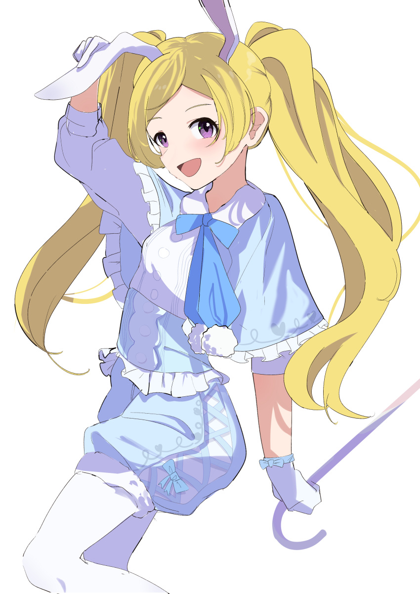 1girl :d absurdres animal_ears blonde_hair blue_capelet blue_ribbon blue_shorts blush cane capelet cowboy_shot emily_stewart fake_animal_ears frilled_capelet frills from_side gloves hand_on_headwear highres holding holding_cane idolmaster idolmaster_million_live! idolmaster_million_live!_theater_days long_hair neck_ribbon ooho0216 open_mouth pantyhose parted_bangs rabbit_ears ribbon shorts sidelocks simple_background smile solo twintails violet_eyes white_background white_gloves white_pantyhose