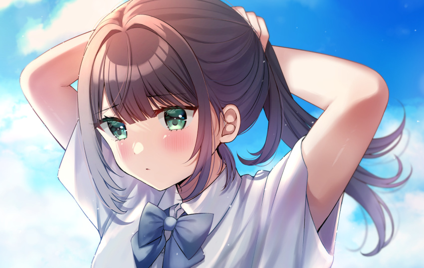 1girl armpits arms_behind_head arms_up black_hair blue_bow blue_sky blush bow closed_mouth clouds collared_shirt commentary day green_eyes highres long_hair minami_saki original outdoors ponytail school_uniform shirt short_sleeves sidelocks sky solo symbol-only_commentary white_shirt