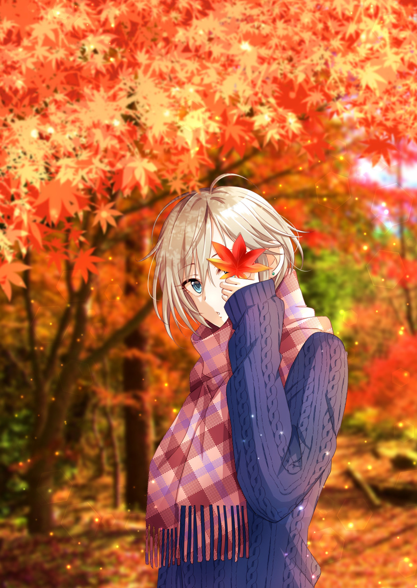 1girl :o absurdres anastasia_(idolmaster) blurry blurry_background grey_hair highres holding holding_leaf idolmaster idolmaster_cinderella_girls leaf long_sleeves looking_at_viewer looking_to_the_side maple_leaf maple_tree outdoors plaid plaid_scarf popon_ta purple_sweater red_scarf scarf solo sweater tree upper_body