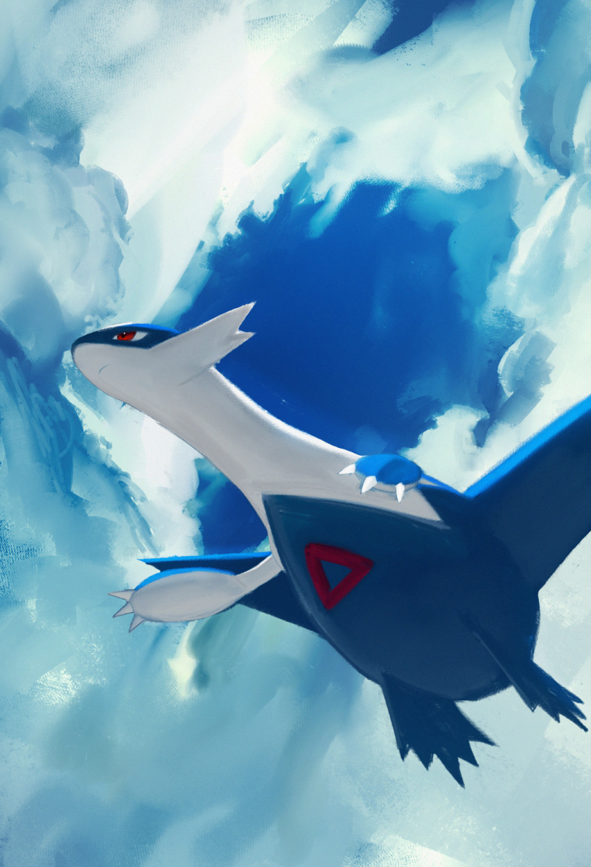 claws closed_mouth clouds commentary day flying from_below highres horezai latios no_humans outdoors pokemon pokemon_(creature) red_eyes sky solo