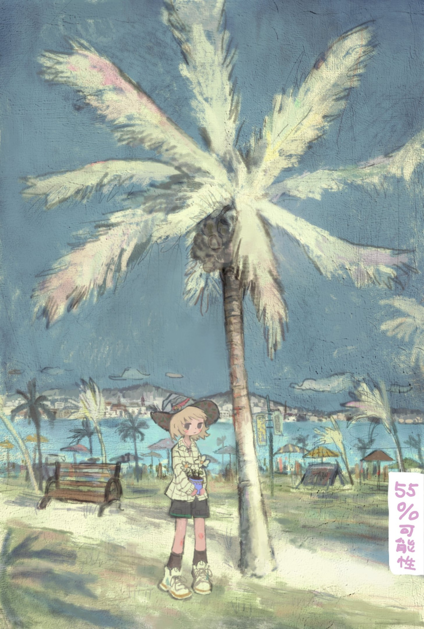 1girl akziqi beach_umbrella bench black_shorts black_socks blonde_hair blue_sky blush canvas_(medium) chinese_commentary closed_mouth collared_shirt commentary_request day expressionless faux_traditional_media floating_hair flower flower_pot hat highres holding_flower_pot long_sleeves looking_at_viewer mountainous_horizon ocean original outdoors palm_tree park_bench path plaid plaid_shirt scenery shirt shoes short_hair shorts sky sneakers socks solo standing translation_request tree umbrella white_flower wide_shot witch_hat yellow_shirt