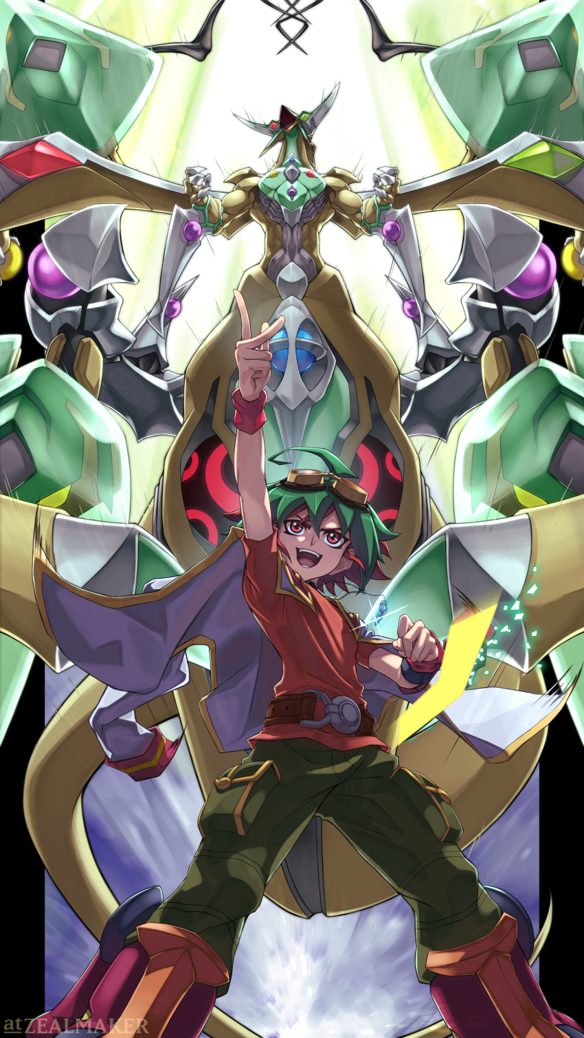 1boy absurdres artist_name dragon duel_disk duel_monster goggles goggles_on_head green_hair green_pants highres jacket jacket_on_shoulders jewelry light_rays male_focus multicolored_hair necklace open_mouth orange_shirt pants pendant pendulum pointing pointing_up red_eyes redhead sakaki_yuuya shirt supreme_king_z-arc two-tone_hair yu-gi-oh! yu-gi-oh!_arc-v zealmaker
