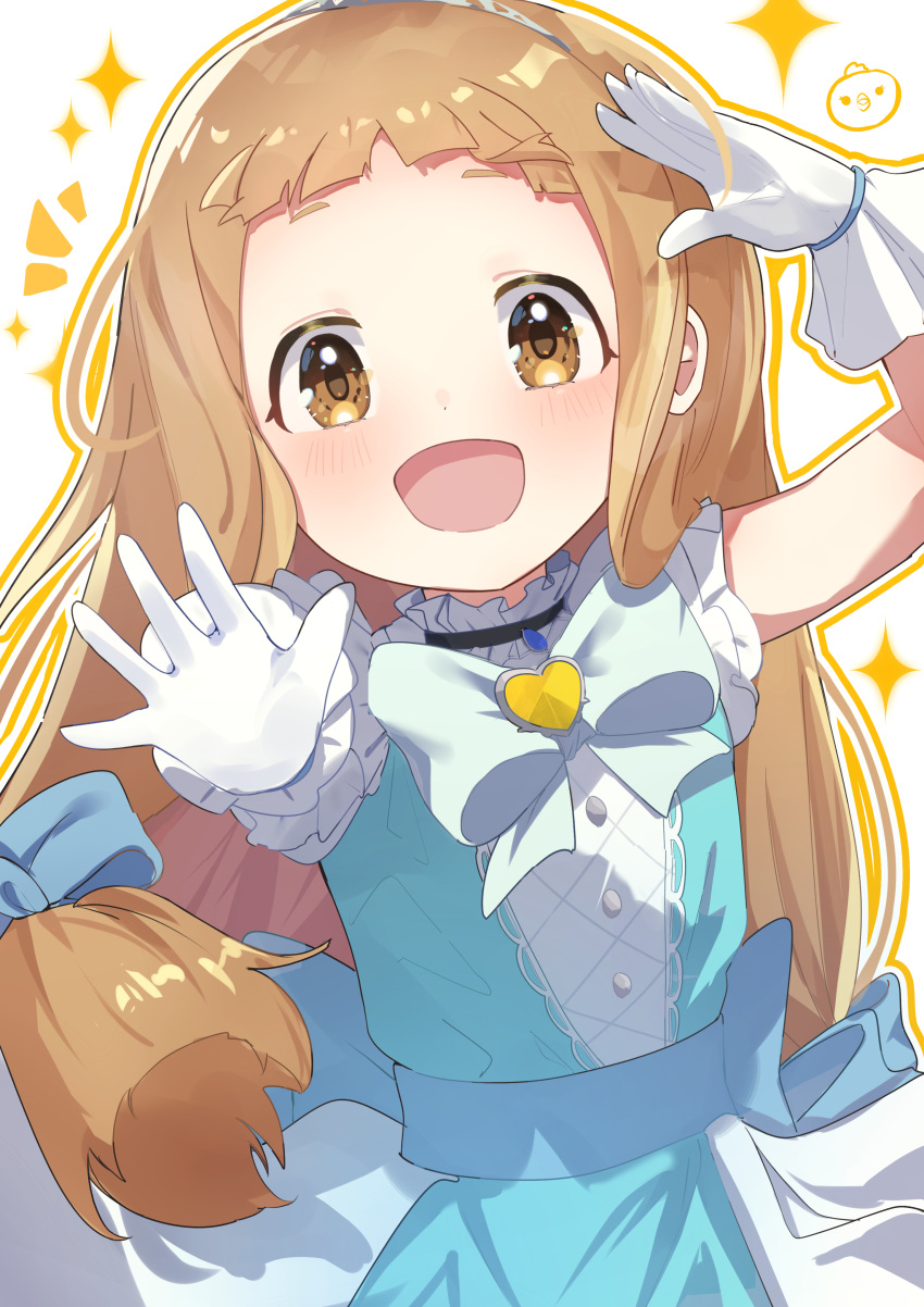 1girl :d absurdres blue_dress blunt_ends blush bow bowtie brooch brown_eyes brown_hair diamond_(shape) dot_nose dress dutch_angle forehead gloves heart heart_brooch highres ichihara_nina idolmaster idolmaster_cinderella_girls idolmaster_cinderella_girls_u149 jewelry long_hair looking_at_viewer notice_lines ooho0216 open_hand open_mouth outstretched_arm salute short_bangs short_sleeves sidelocks simple_background smile solo straight-on straight_hair upper_body white_background white_bow white_bowtie white_gloves