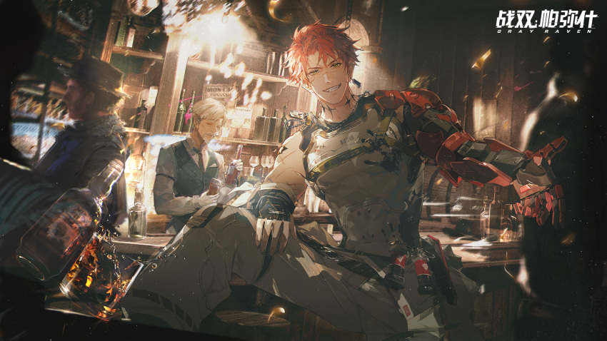 alcohol artist_request bar_(place) belt dog_tags earrings explosive grenade grin hat highres jewelry leg_up looking_at_viewer mechanical_arms noctis_(punishing:_gray_raven) official_art punishing:_gray_raven reaching reaching_towards_viewer redhead serving single_earring single_mechanical_arm sitting smile spill spilling tattoo yellow_eyes