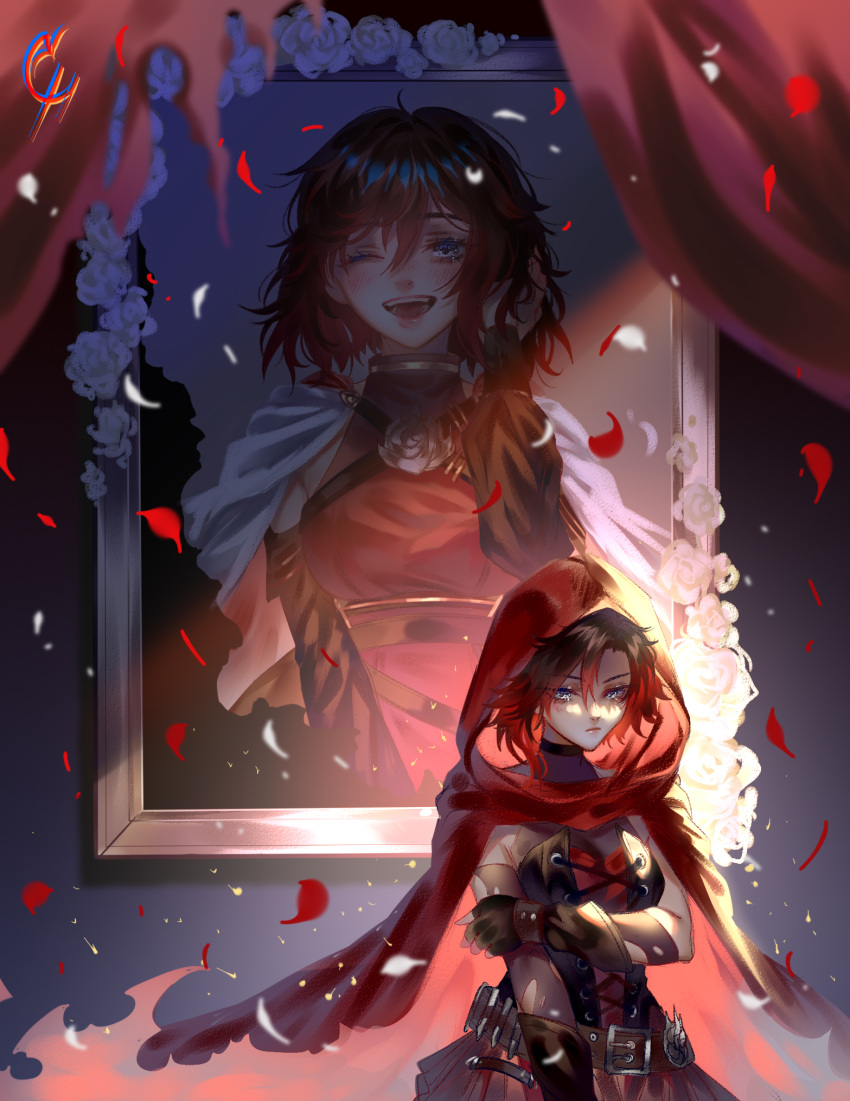 ammunition_belt arm_under_breasts belt black_dress black_hair cloak coconuthound curtains dress falling_petals gradient_hair grey_eyes highres hood hood_up hooded_cloak initial multicolored_hair painting_(object) petals picture_frame portrait red_cloak redhead rose_petals ruby_rose rwby short_hair summer_rose