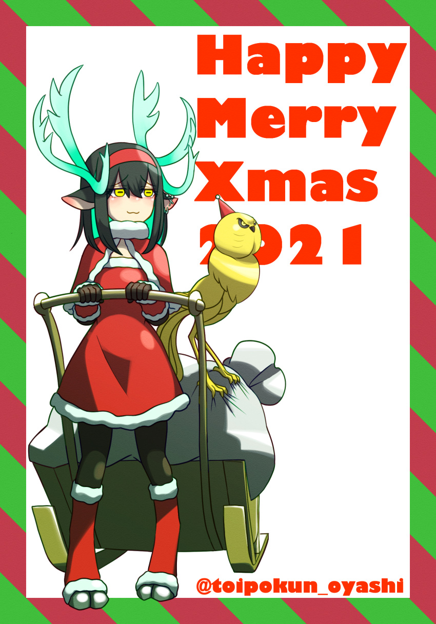 1girl :3 animal_ears animal_feet antlers arm_warmers artist_name black_pantyhose brown_gloves capelet christmas closed_mouth colored_inner_hair creature dated deer_ears digitigrade dress ear_piercing english_text full_body fur-trimmed_capelet fur_trim gloves green_hair hair_between_eyes hairband hand_up highres hooves horizontal_pupils leg_warmers looking_to_the_side medium_hair monster_girl multicolored_background multicolored_hair original pantyhose piercing pigeon-toed red_capelet red_dress red_hairband red_leg_warmers reindeer_antlers reindeer_girl sack simple_background sleeveless sleigh solo standing toipokun_oyashi twitter_username white_background yellow_eyes