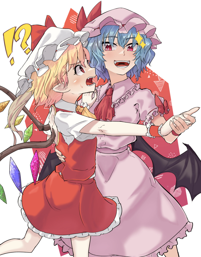 !? 2girls annoyed ascot bat_wings blonde_hair blue_hair bright_pupils crystal_wings dress fangs flandre_scarlet hand_on_another's_hip happy hat highres holding_hands mob_cap multiple_girls open_mouth pink_dress pink_headwear pointy_ears profile red_ascot red_eyes red_skirt red_vest remilia_scarlet short_hair siblings sisters skirt skirt_set touhou vest white_headwear white_pupils wings wrist_cuffs yellow_ascot yet_you