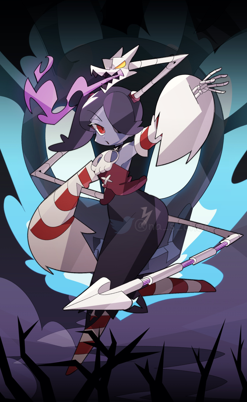 1girl :o absurdres bare_shoulders black_skirt blue_hair blue_skin bone breathing_fire colored_skin detached_collar detached_sleeves dress fire full_body hair_over_one_eye highres leviathan_(skullgirls) long_hair long_skirt long_sleeves no_shoes object_through_head outstretched_arms purple_fire red_dress red_eyes red_sleeves red_thighhighs side_ponytail skeletal_arm skirt skull skull_heart skullgirls slit_pupils solo squigly_(skullgirls) standing standing_on_one_leg stitched_mouth stitches striped striped_sleeves striped_thighhighs superuzit thigh-highs twitter_username v-shaped_eyebrows white_sleeves white_thighhighs yellow_eyes zombie
