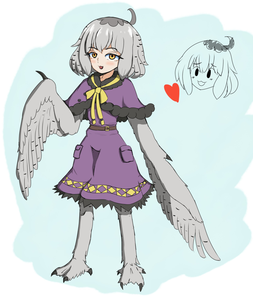 1girl 21stimp absurdres ahoge bird_legs blush borrowed_character capelet commentary dress english_commentary feathered_wings grey_feathers grey_hair grey_wings harpy heart highres looking_at_viewer medium_hair mono_(sifserf) monster_girl open_mouth original owl_girl purple_dress talons winged_arms wings yellow_eyes