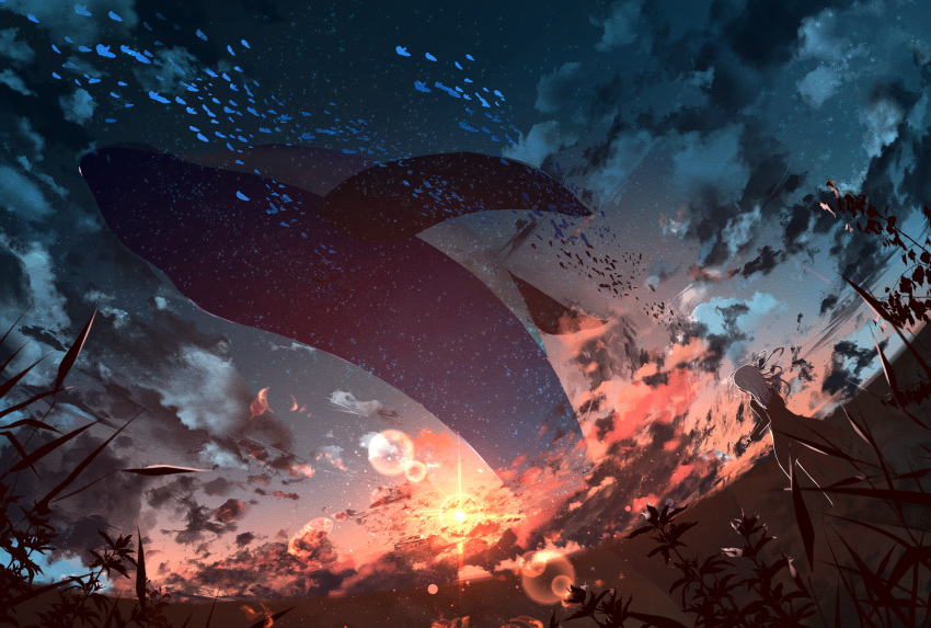1girl abisswalker8 black_jacket clouds cloudy_sky commentary facing_away fish flying_fish flying_whale grass grey_hair highres jacket lens_flare long_sleeves medium_hair original outdoors scenery sky solo star_(sky) starry_sky sun sunlight sunset twilight whale wide_shot