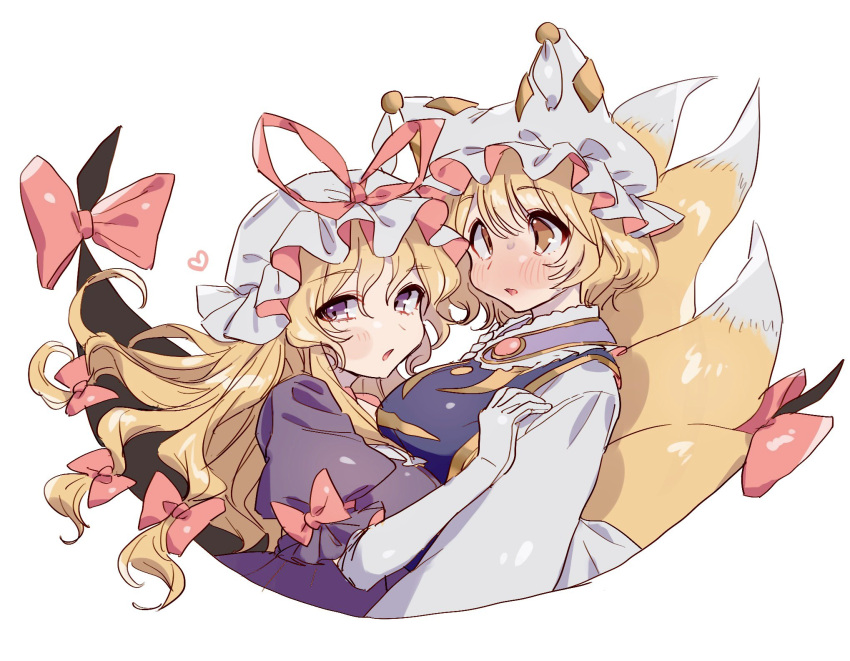 2girls animal_ears blonde_hair blush breasts dress elbow_gloves fox_ears fox_tail frilled_sleeves frills gap_(touhou) gloves hat hat_ribbon heart highres large_breasts long_hair masanaga_(tsukasa) mob_cap multiple_girls multiple_tails one-hour_drawing_challenge open_mouth purple_dress red_ribbon ribbon short_hair short_sleeves simple_background tabard tail touhou violet_eyes white_background white_gloves white_headwear yakumo_ran yakumo_yukari yellow_eyes