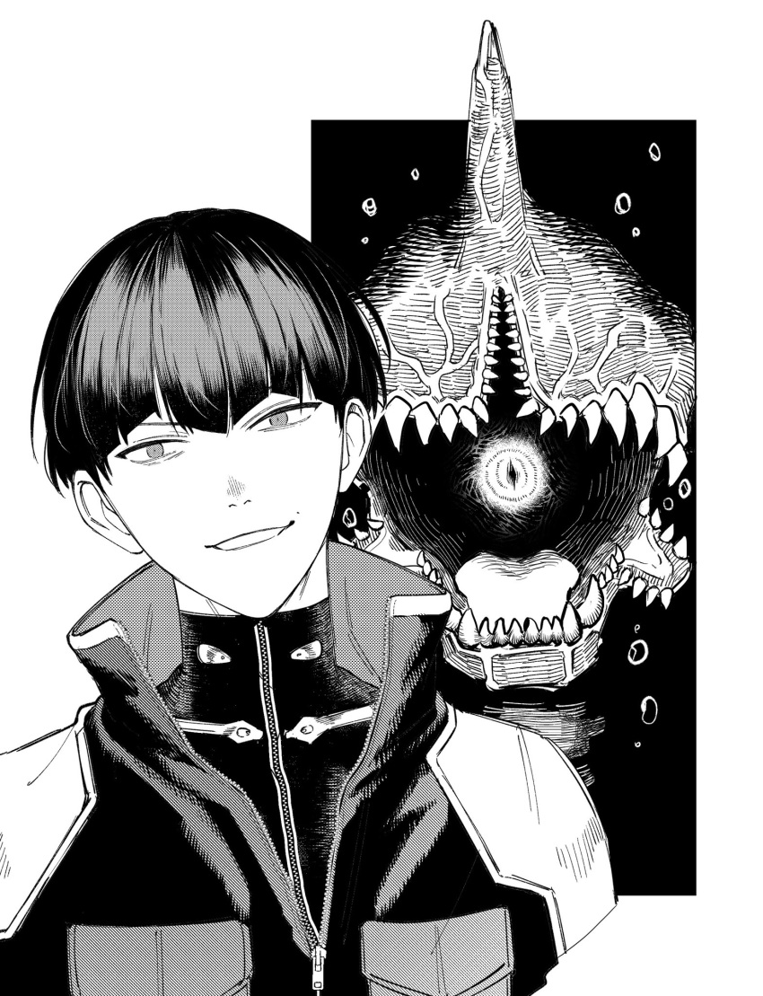 16onyx 1boy air_bubble bubble commentary eye_in_mouth greyscale highres hoshina_soshiro jacket kaijuu_no._8 looking_at_viewer male_focus monochrome monster one-eyed portrait sharp_teeth shirt short_hair slit_pupils smirk symbol-only_commentary teeth tight_clothes tight_shirt zipper