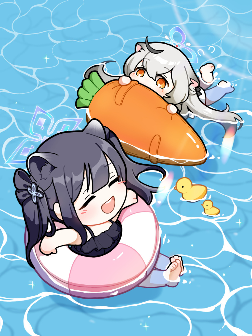 2girls :d afloat ahoge animal_ears barefoot black_hair blue_archive blush chibi closed_eyes grey_hair hair_between_eyes hair_ornament hair_ribbon halo highres inflatable_carrot innertube kokona_(blue_archive) long_hair multicolored_hair multiple_girls open_mouth partially_submerged ribbon rubber_duck shun_(blue_archive) shun_(small)_(blue_archive) smile streaked_hair swimming swimsuit tiger_ears tiger_girl uz water