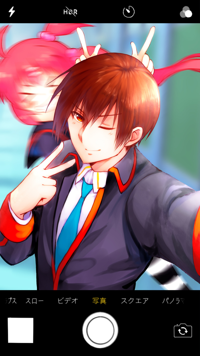 &gt;_&lt; 1boy 1girl ;) absurdres ahoge black_jacket blue_necktie blurry blurry_background blush_stickers brown_hair closed_mouth commentary_request dress_shirt eyes_visible_through_hair finger_horns foreshortening grin hair_between_eyes hair_bobbles hair_ornament hairclip hand_up highres indoors jacket light_blush little_busters! long_sleeves motion_blur natsume_kyousuke necktie nose one_eye_closed one_side_up prank purple_hair rakka saigusa_haruka school_uniform selfie shirt short_hair side_ponytail smile straight_hair v v-shaped_eyebrows viewfinder white_shirt