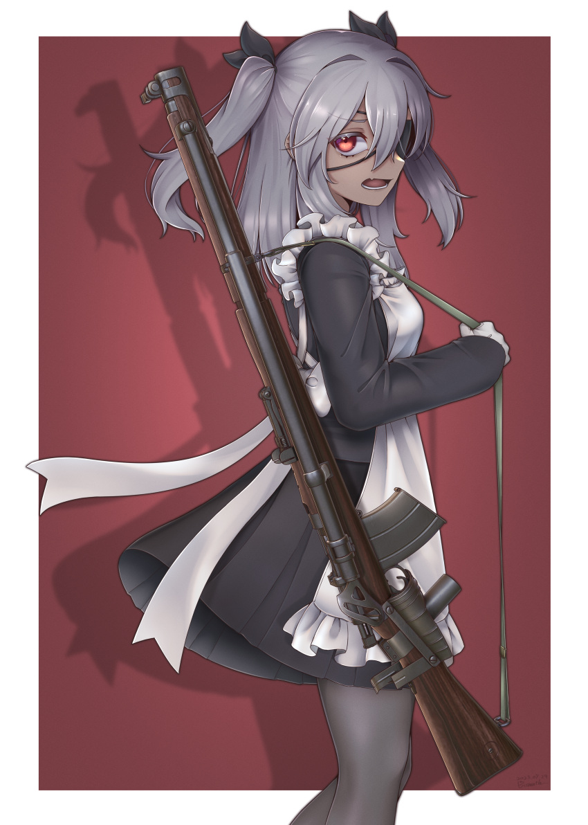 1girl absurdres apron black_ribbon black_shirt black_skirt commentary_request dark-skinned_female dark_skin eyepatch fang frilled_apron frills from_side gloves grey_hair grey_pantyhose gun hair_between_eyes hair_ribbon highres holding holding_gun holding_weapon howell_automatic_rifle long_sleeves looking_at_viewer looking_to_the_side open_mouth original pantyhose paravene pleated_skirt red_background red_eyes ribbon shadow shirt skirt sleeves_past_wrists solo two-tone_background two_side_up weapon white_apron white_background white_gloves