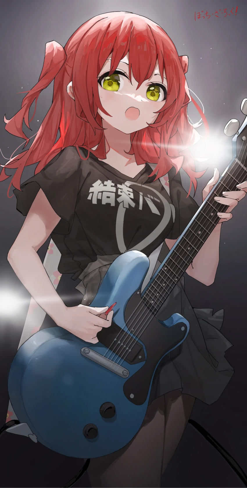 1girl backlighting black_pantyhose black_shirt bocchi_the_rock! commentary_request cowboy_shot electric_guitar facing_viewer grey_skirt guitar hair_between_eyes highres holding holding_plectrum instrument kessoku_band_t-shirt kita_ikuyo looking_ahead music one_side_up open_mouth pantyhose playing_instrument pleated_skirt plectrum redhead sentter shirt shirt_tucked_in short_sleeves skirt solo standing yellow_eyes