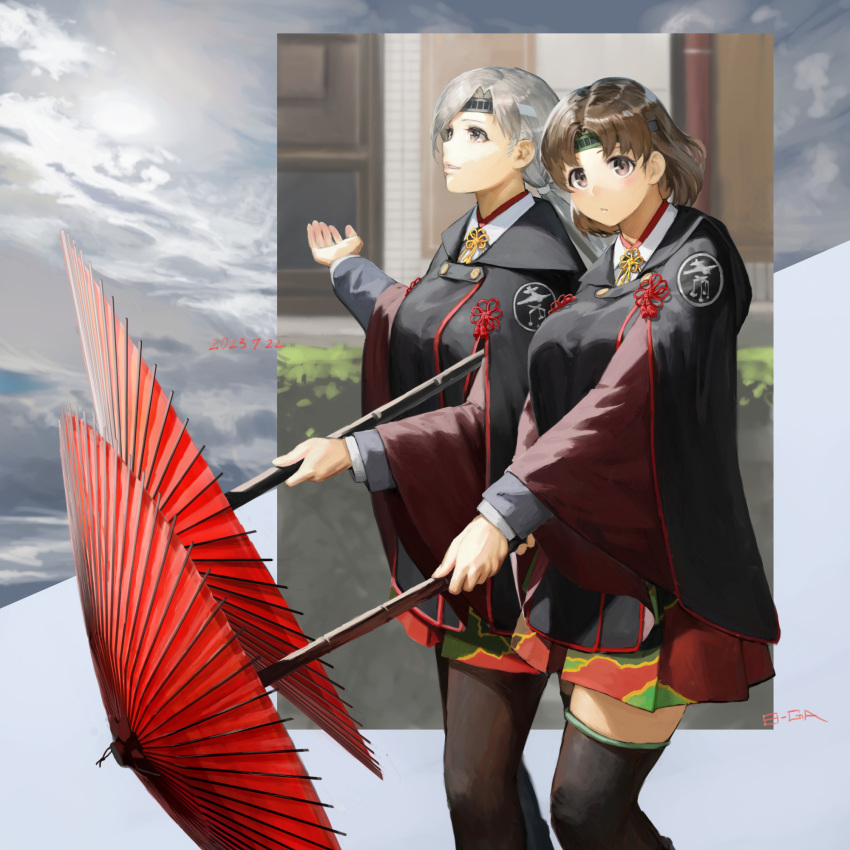 2girls 9-ga artist_name black_thighhighs brown_eyes brown_hair chitose_(kancolle) chiyoda_(kancolle) dated feet_out_of_frame from_side grey_hair highres holding holding_umbrella kantai_collection long_hair looking_at_viewer looking_to_the_side looking_up low_ponytail medium_hair multiple_girls official_alternate_costume oil-paper_umbrella red_skirt skirt swept_bangs thigh-highs umbrella