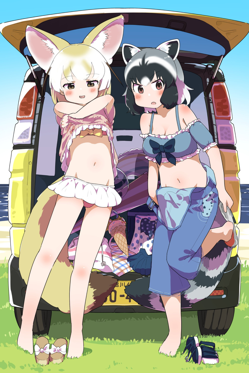 2girls absurdres animal_ears bare_shoulders barefoot bikini bikini_skirt blonde_hair blue_bikini blue_overalls blush brown_eyes car changing_clothes common_raccoon_(kemono_friends) detached_sleeves extra_ears fennec_(kemono_friends) fox_ears fox_girl fox_tail frilled_bikini frilled_sweater frills grey_hair hair_between_eyes highres iwa_(iwafish) kemono_friends kemono_friends_3 midriff motor_vehicle multicolored_hair multiple_girls navel official_alternate_costume overalls pink_sweater pleated_skirt puffy_short_sleeves puffy_sleeves raccoon_ears raccoon_girl raccoon_tail removing_sock sandals sandals_removed shoes shoes_removed short_hair short_sleeves sidelocks skirt socks standing standing_on_one_leg sweater swimsuit tail white_hair white_skirt white_socks