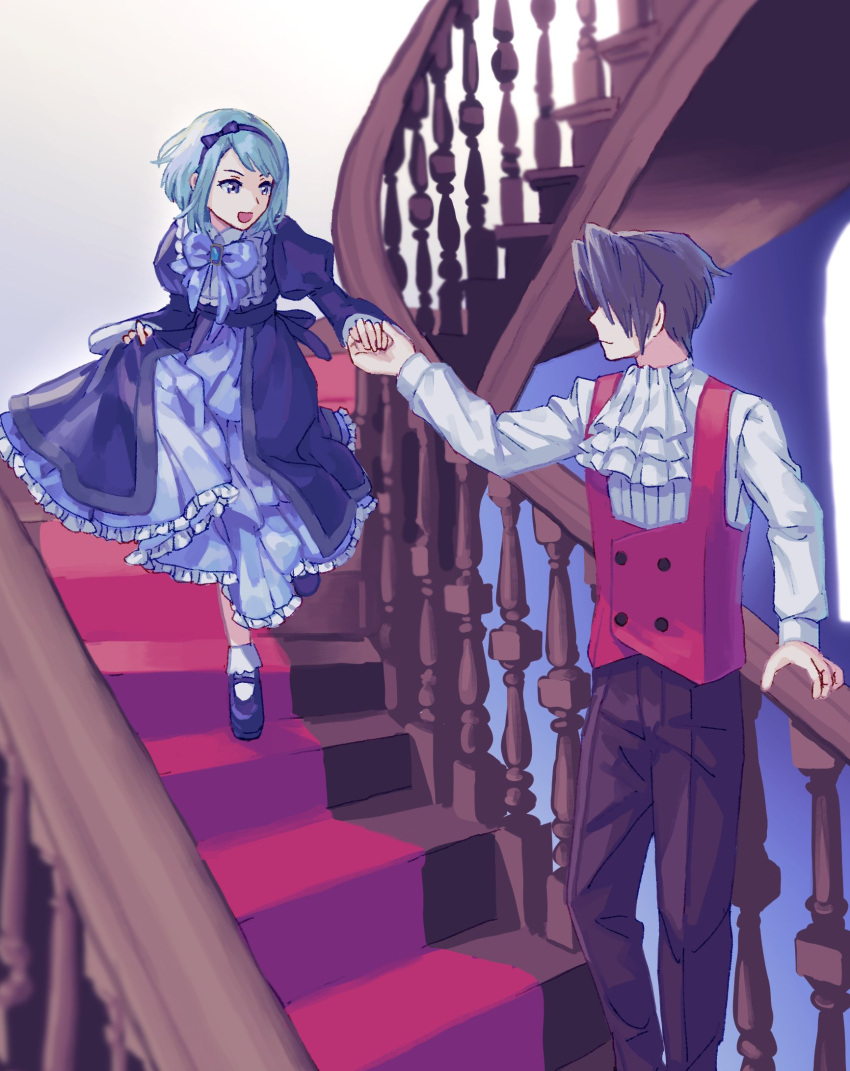 1boy 1girl ace_attorney ascot blue_eyes blue_hair bow brown_hair brown_pants child dress female_child franziska_von_karma frilled_dress frills hair_bow hairband highres holding_hands indoors jabot long_sleeves male_child miles_edgeworth oshaberi_usagi pants parted_bangs puffy_long_sleeves puffy_sleeves red_carpet red_vest ribbon skirt_hold spiral_staircase stairs vest white_jabot