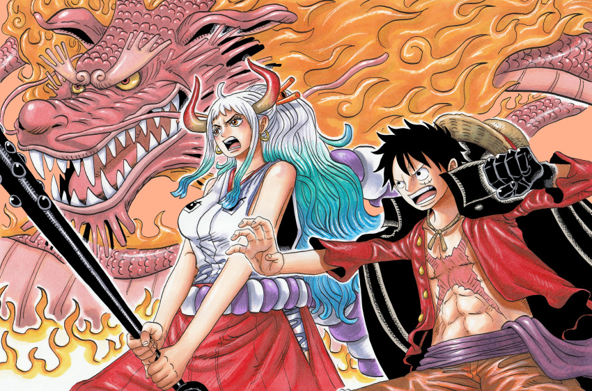 1girl 2boys absurdres alternate_form black_cape black_hair cape clenched_hand club_(weapon) dragon dragon_horns earrings eastern_dragon hat hat_removed headwear_removed highres holding holding_weapon hoop_earrings horns jewelry kanabou long_hair midriff momonosuke_(one_piece) monkey_d._luffy multicolored_hair multiple_boys one_piece oni oni_horns open_clothes open_mouth ponytail riku_(rikuw223xx) scar scar_on_cheek scar_on_face sharp_teeth short_hair straw_hat teeth weapon yamato_(one_piece)